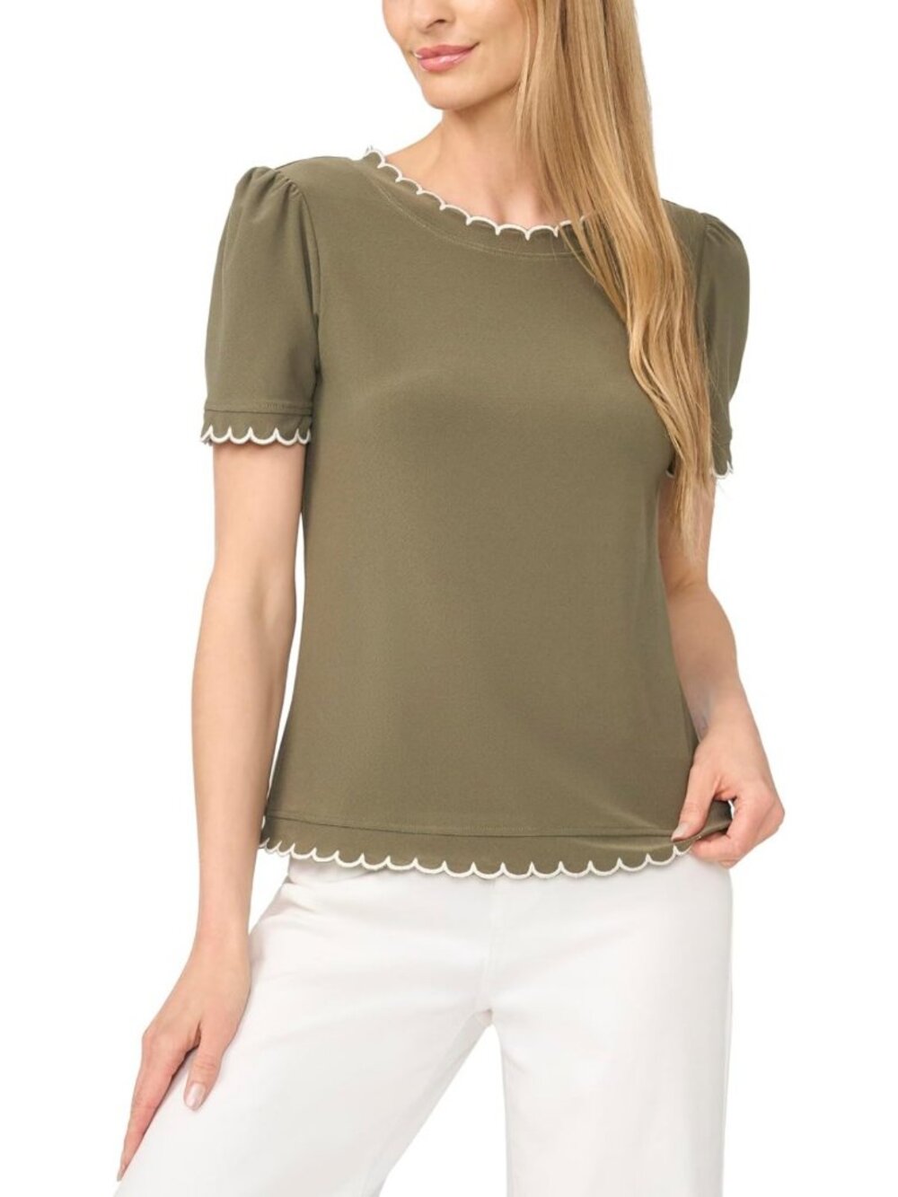 Puff Sleeve Scallop Neck Top | Stylish Short Sleeve Blouse for Women